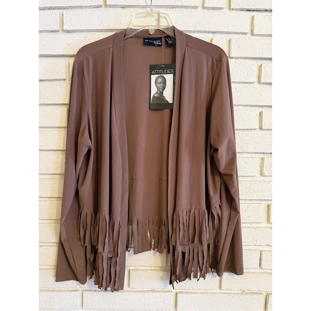 Attitudes by Renee Como Jersey Knit Fringe Cardigan Brown Size 1X NEW